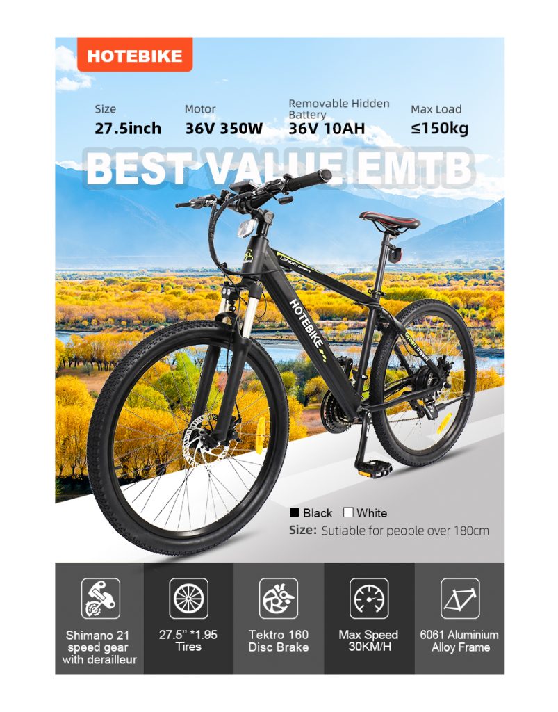 HOTEBIKE 27.5 Inch 36V Mountain Electrical Bike 160 Disc Brakes Front Suspension, Cruise Management 350W Electrical Bikes for Adults with Detachable Battery, Recharge System, 21-Velocity Gear